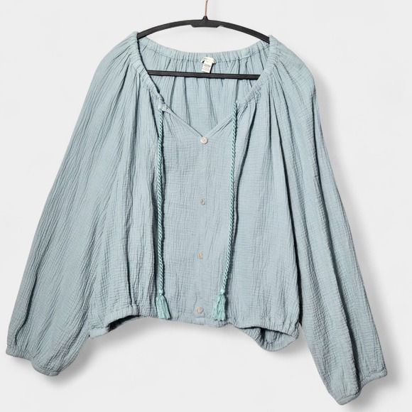 Cato Tops - Cato Gauze Cotton Boho Tassel Button Blouse Blue 22/24W Plus Size Beach Coastal